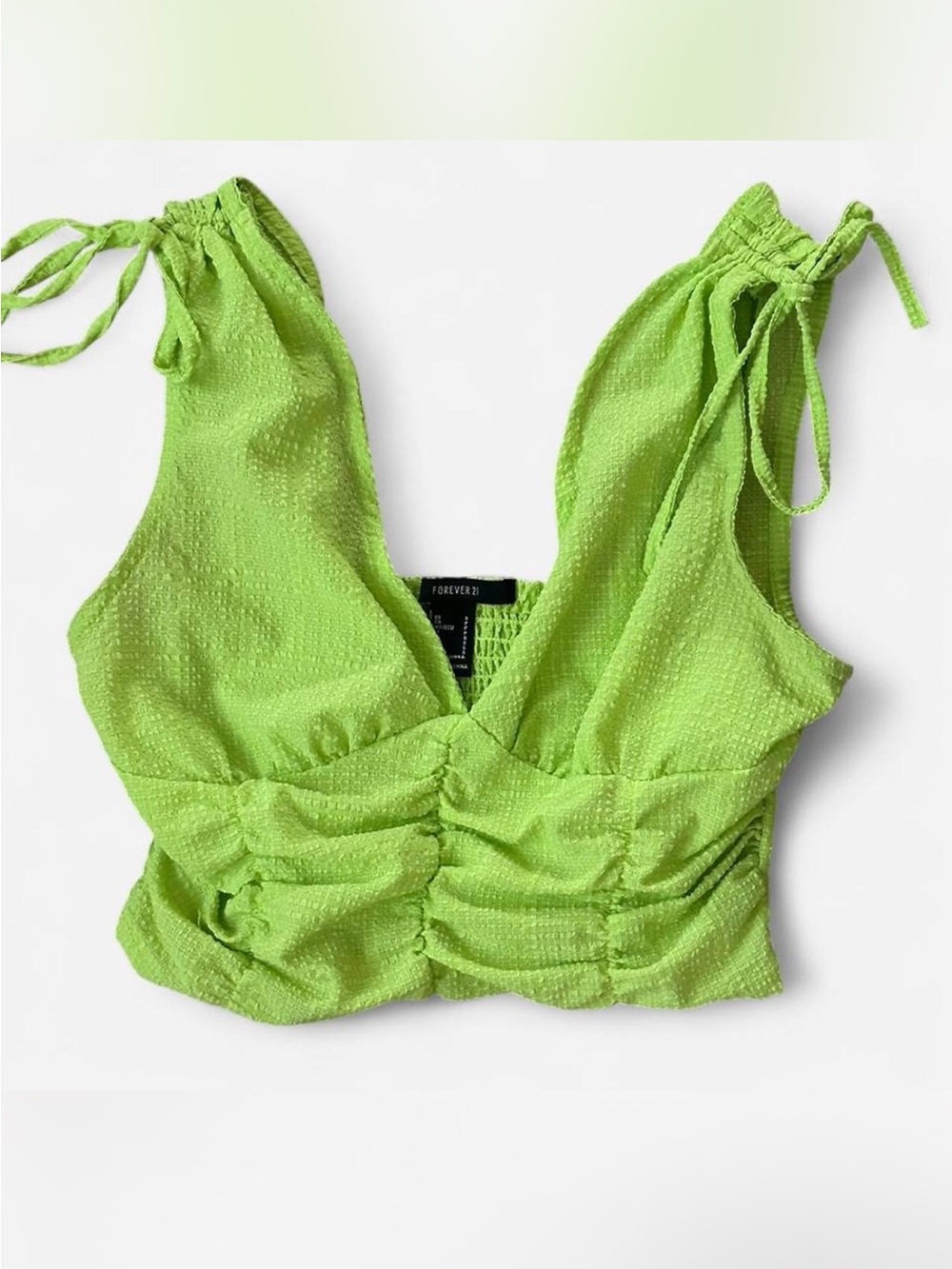 Forever 21 Lime Green Ruched Tie-Shoulder Cropped Tank